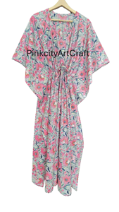Vestido Kaftán Floral de Algodón, Hecho a Mano, con Estampado Flocado, Ecológico, Midi, Cuello en V, Informal, Apto para Embarazadas, Ropa de Estar por Casa, Regalo para Ella - Product Image 5