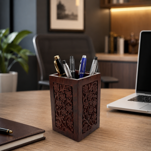 Handmade Indian Rosewood Pen Stand | Premium Floral Carved Desk Organizer | Lightweight Eco Friendly Stationery Holder Home - Product Image 3