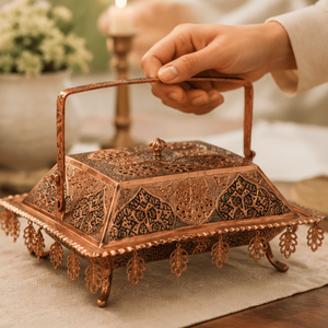 Traditional Copper Decorative <b>Box</b> With Handle And Leaf Charms For <b>Wedding</b> Decoration - Product Image 2