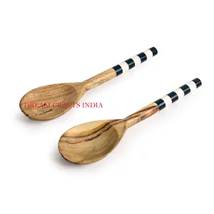 Kitchen Black and White Wooden Salad Serving Spoon Set Fruit Dessert Mixing Tools Resin Serving Spoon and Fork for Party