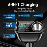 Pengisi Daya Mobil 90W 6 in 1 Kabel Type-C 70cm yang Dapat Ditarik 180 °   Pemisah Pemantik Rokok LED Pengukur Tegangan dengan Pengisian Cepat PD yang Dapat Disesuaikan