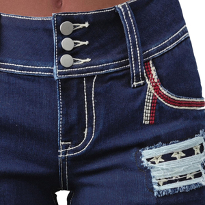 Shorts de mezclilla elásticos de cintura alta para mujer, estilo vintage con bordado y dobladillo deshilachado, corte recto ajustado, Colección Verano 2026 - Product Image 5
