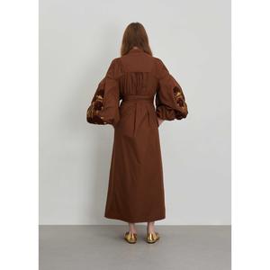 Women Brown Cotton Maxi <b>Dress</b> Embroidered Balloon Sleeve Tie Waist <b>Boho</b> Long <b>Dress</b> - Product Image 2