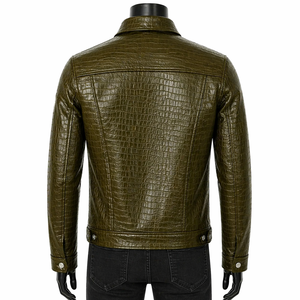 Veste en cuir gaufré vert olive pour homme, col rabattu, fermeture boutonnée, coupe ajustée décontractée, imperméable et respirante pour l'hiver - Product Image 2