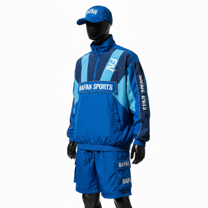 Conjunto corto de chaqueta cortavientos de nailon y poliéster premium para hombre, tejido ligero, diseño de paneles en tono azul, conjunto con logotipo personalizado, talla grande - Product Image 4