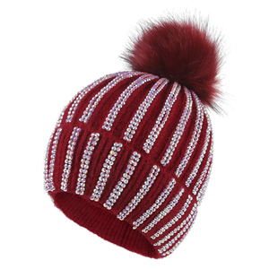 Striped Rhinestone Beanie <b>Hat</b> With Pom Pom <b>For</b> Women And <b>Men</b> Winter <b>Knit</b> Cap Casual Fashion Headwear Adult Size 56-58CM - Product Image 5