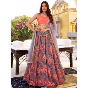Lehenga Choli de red gris bordado para fiestas y vestidos de noche - Product Image 1