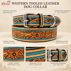 Collar de Perro de Cuero Repujado a Mano Estilo Western con Acentos Florales y Turquesa |   Collar Ajustable para Mascotas con Hebilla Metálica para Cuello Canino - Product Image 5