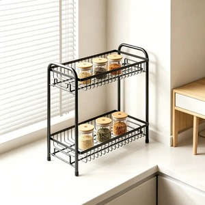 Space Saving Black Metal 2 Layer <b>Storage</b> <b>Rack</b> Suitable For Spices Oils Condiments And <b>Kitchen</b> Essentials Handcrafted From India - Product Image 3
