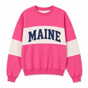 Sudadera Oversize de Algodón 100% Suave para Mujer, Color Rosa con Bloques de Color, Cuello Redondo, Manga Larga, Estampado de Letras Maine, Forro Polar - Product Image 1
