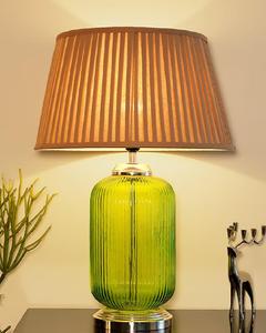 Modern Green Glass Table Lamp with Brown Fabric Drum Shade E27 LED Warm White <b>Light</b> for Living Room Decor - Product Image 1