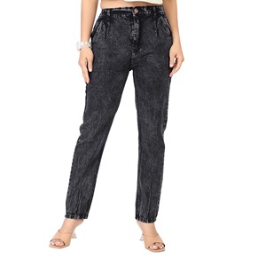 Jean en denim tissé uni pour femme, taille haute, coupe droite, jambe large, longueur cheville, style décontracté streetwear, été - Product Image 1