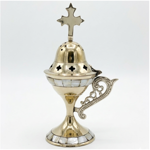 Ventilated Lid Brass <b>Incense</b> Burner with Shell Mosaic - Product Image 4