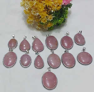 จี้รูปไข่โรสควอตซ์ ตัวเรือนเงินขัดเงา เครื่องประดับหินกึ่งมีค่า - Product Image 1