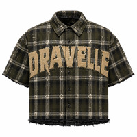 Chemise boutonnée personnalisée Y2K Streetwear en denim, coupe ample, à carreaux, avec ourlet brut, logo en strass et chenille, manches courtes, col rabattu
