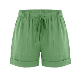 Shorts décontractés pour femmes à taille haute élastique en polyester/coton, poches plaquées, coupe régulière, tissu tricoté léger, ourlet roulé - Product Image 1