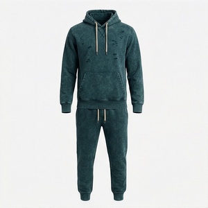 Mens Casual Solid Stylish Acid Wash Drawstring Distressed <b>Tracksuits</b> High Quality Hooded Jogging Wear Winter Collections - Product Image 1