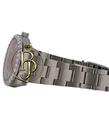 Reloj de pulsera Briva Luxury Silver Diamond B-047-1 con marcadores de bisel brillantes en rojo intenso, diseño elegante, movimiento de cuarzo, acero inoxidable