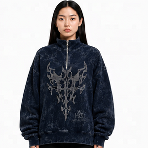 Sudadera Oversize de Felpa/Algodón con Lavado Ácido, Cuello Alto Simulado, Hombros Caídos, Color Negro, Premium, Estilo Urbano de Invierno, Más Vendida - Product Image 1