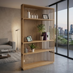 <b>Solid</b> <b>Wood</b> Living Room Cabinets Mid Century Modern Slatted <b>Bookcase</b> Tall Storage Credenza Multi Tier Room Divider Display Cabine - Product Image 2