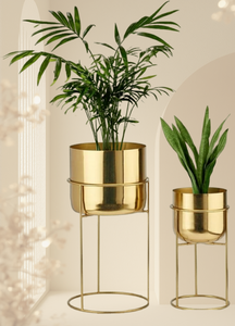 Macetas de metal duradero de latón y cobre con acabado dorado para decoración del hogar, jardín, hostelería y soporte para macetas de estilo moderno. - Product Image 4