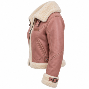 <b>Womens</b> Pink Shearling Leather Jacket Winter Warm Faux <b>Fur</b> <b>Lined</b> <b>Coat</b> Belted Collar Cuff Motorcycle Outerwear Ladies Stylish - Product Image 4
