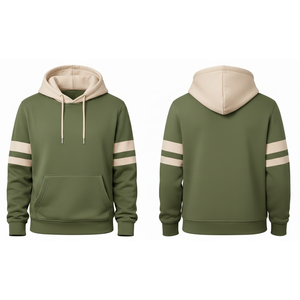 Sudadera con Capucha Personalizada para Hombre, al por Mayor, OEM, Verde Oliva, con Mangas a Rayas de Dos Tonos, Estilo Urbano - Product Image 3