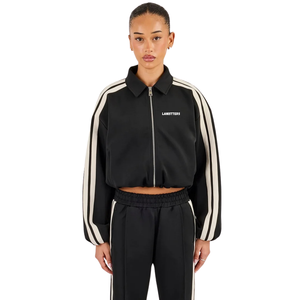 Womens Cropped Full Zip Turn Down Collar Tracksuit Top & Wide Leg Striped <b>Trousers</b> Elastic Waist Two Piece Athleisure Outfit Set - Product Image 3