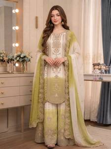 Conjunto de Traje Palazzo Pakistaní Bordado Ombre Premium con Dupatta de Organza, Ropa Festiva de Lujo para Mujer, Venta al Por Mayor - Product Image 3