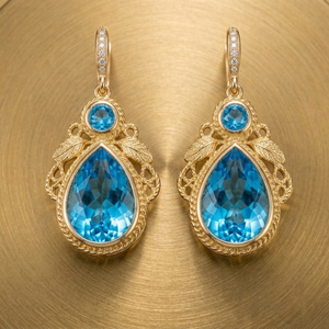 Hot Selling Blue Topaz 925 <b>Sterling</b> <b>Silver</b> Drop Earrings 18K Gold Plated 5 Inch 15g Round 8mm Pear Trendy Wholesale Product - Product Image 4