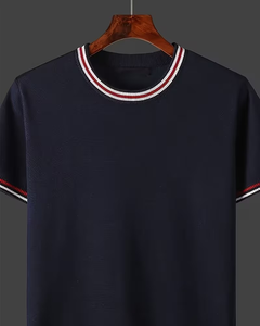 Men's Knitted Short Sleeve O Neck Solid Navy T-Shirt Contrast Trim Casual Regular Fit - Product Image 3