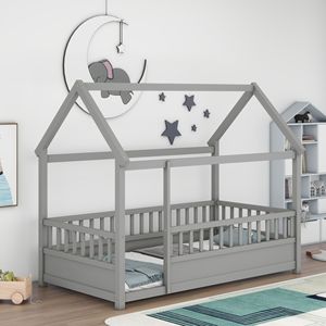 Letto in Legno per Bambini Misura Twin con Struttura a Tetto di Casa Grigio e Sponde di Sicurezza - Product Image 6