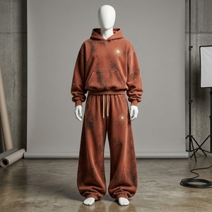 Conjunto de Sudadera con Capucha y Pantalones Anchos de Pierna Recta para Mujer, Color Marrón Oxidado, Estilo Casual Urbano, Dos Piezas - Product Image 2