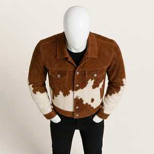 Veste en cuir véritable pour homme, motif vachette, col rabattu, fermeture boutonnée, coupe classique, automne, décontractée - Product Image 5