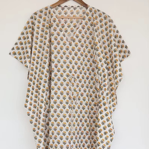 Robe kaftan en coton beige à fleurs, taille à cordon, style bohème, pour l'été - Product Image 1