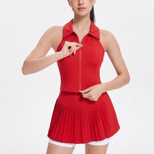 Robe de tennis rouge pour femme avec col chemise, fermeture éclair sur le devant, ajustée, sans manches, jupe plissée, tenue de sport d'été - Product Image 4