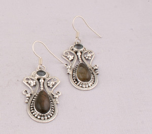 Boucles d'oreilles pendantes vintage en labradorite naturelle et argent sterling 925, bijoux faits main en pierres précieuses pour femmes, vente en gros - Product Image 3