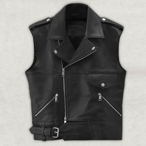 Men's <b>Black</b> Leather-Style Moto <b>Vest</b> With Zipper Closure Turn-down Collar Plus Size Outerwear Autumn Winter - Product Image 4