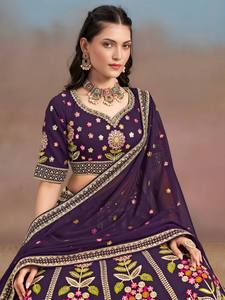 Purple Floral Embroidered Indian Pakistani <b>Lehenga</b> Set Crop <b>Top</b> Dupatta Traditional Wedding Outfit - Product Image 3