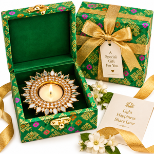 <b>Gold</b> Tealight <b>Holder</b> with Crystal Mirror Design in Green Decorative Box for Home Décor and Festive Use - Product Image 2