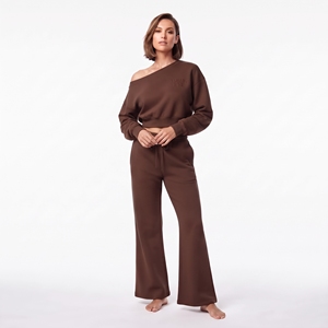 Women Cropped Off Shoulder Hoodie Cotton <b>Fleece</b> Full Sleeve Ribbed Cuff And Wide Leg Jogger Set Custom Embroidered Logo - Product Image 6