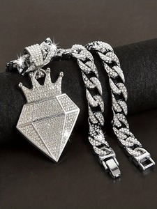 Iced Out <b>Crown</b> Diamond Pendant Necklace for Men Moissanite <b>Silver</b> Cuban Chain Hip Hop Jewellery Pendant - Product Image 3
