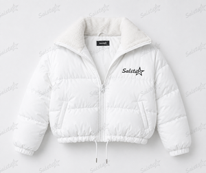 เสื้อแจ็คเก็ตพัฟเฟอร์สีขาวแบบครอปสำหรับผู้หญิง พร้อมฮู้ดขนเชอร์ปา เสื้อแจ็คเก็ตขนเป็ดแบบมีฮู้ดสำหรับฤดูหนาวแบบสั่งทำพิเศษ OEM/ODM เสื้อโค้ทพัฟเฟอร์แบบสั้นสำหรับผู้หญิง - Product Image 3