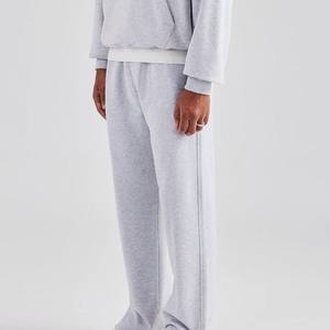 Ensemble de survêtement unisexe gris en coton à capuche 2-en-1, pantalon de jogging décontracté couleur unie, coupe régulière longueur entière, taille élastique latérale - Product Image 1