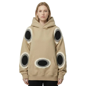 <b>Women's</b> Oversized Hooded <b>Sweatshirt</b> Beige Geometric Applique Pattern Cotton Bamboo Knitted Full Sleeve Autumn Casual Wear - Product Image 1
