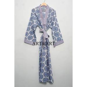 Robe Kimono en Coton Faite Main à Motifs Imprimés – Collection Printemps-Été – Tenue de Nuit Élégante – Imprimés au Bloc – Longueur Ras du Sol – Robe de Demoiselle d'Honneur – Cache-Maillot de Plage - Product Image 1