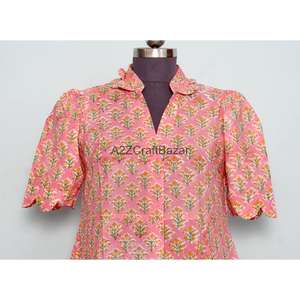 Vestido midi de punto 100% algodón con estampado floral digital indio hecho a mano, cuello en V, manga corta, corte en A, con bolsillos, para oficina, verano - Product Image 2