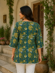 Kurti de Manga Corta con Estampado Floral Natural Dulce, Tejido de Algodón Premium, para Mujer, Jaipur Moda, Túnica Étnica Color Verde Azulado, Ropa Casual de Oficina - Product Image 3