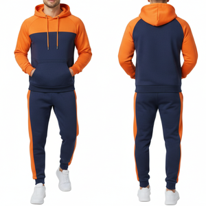 Ensemble de survêtement homme bleu marine et orange - Sweat à capuche raglan et pantalon color block - Vêtements de sport avec empiècements latéraux contrastants - Product Image 3