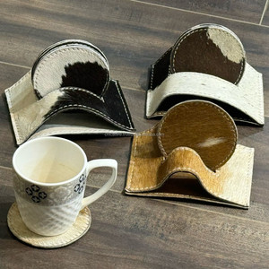 Wholesale Non-slip Genuine Leather Round Kitchen Supplies Cowhide Placemat <b>Cup</b> Mat Table Coaster Set with Stand for Dining Table - Product Image 6